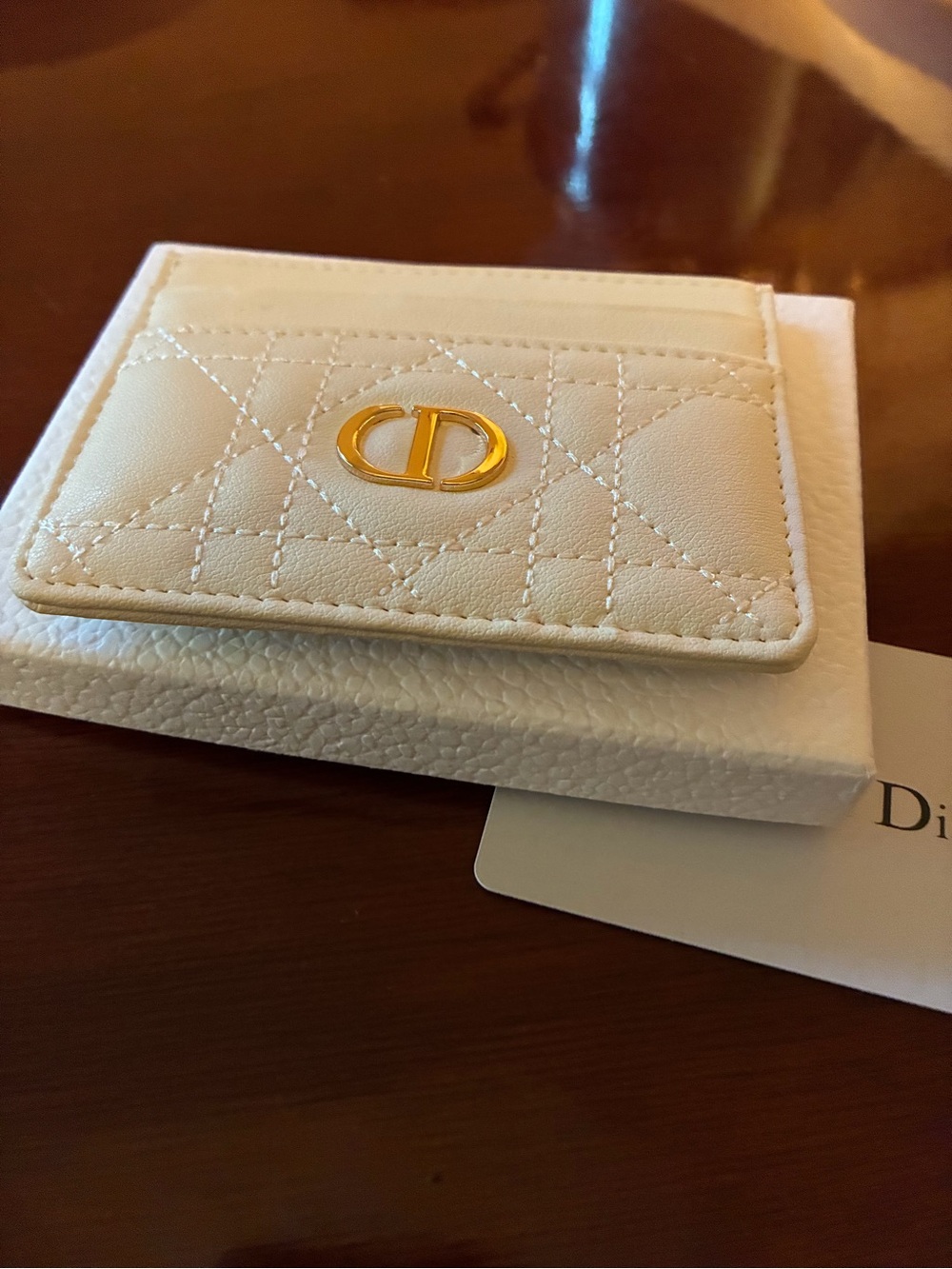 Dior Cream Quilted Leather Card Holder with Gold CD Accent